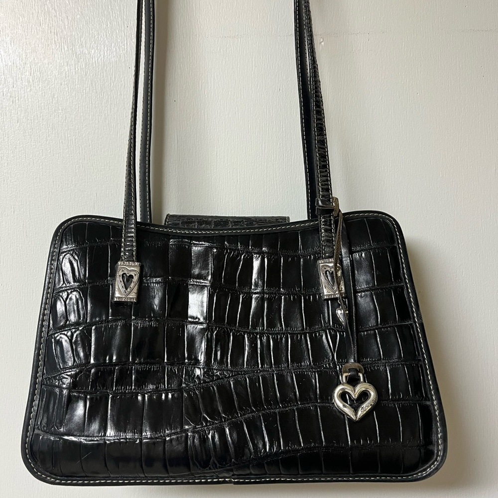 Brighton Vintage Black Croc-Embossed Shoulder Bag with Heart Accent
